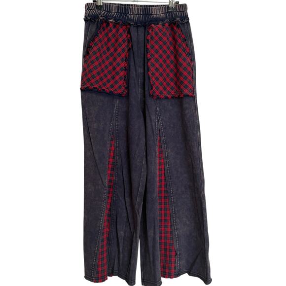 Sage + Fig Wide Leg Plaid Patchwork Washed Pants - Blue - Picture 2 of 7
